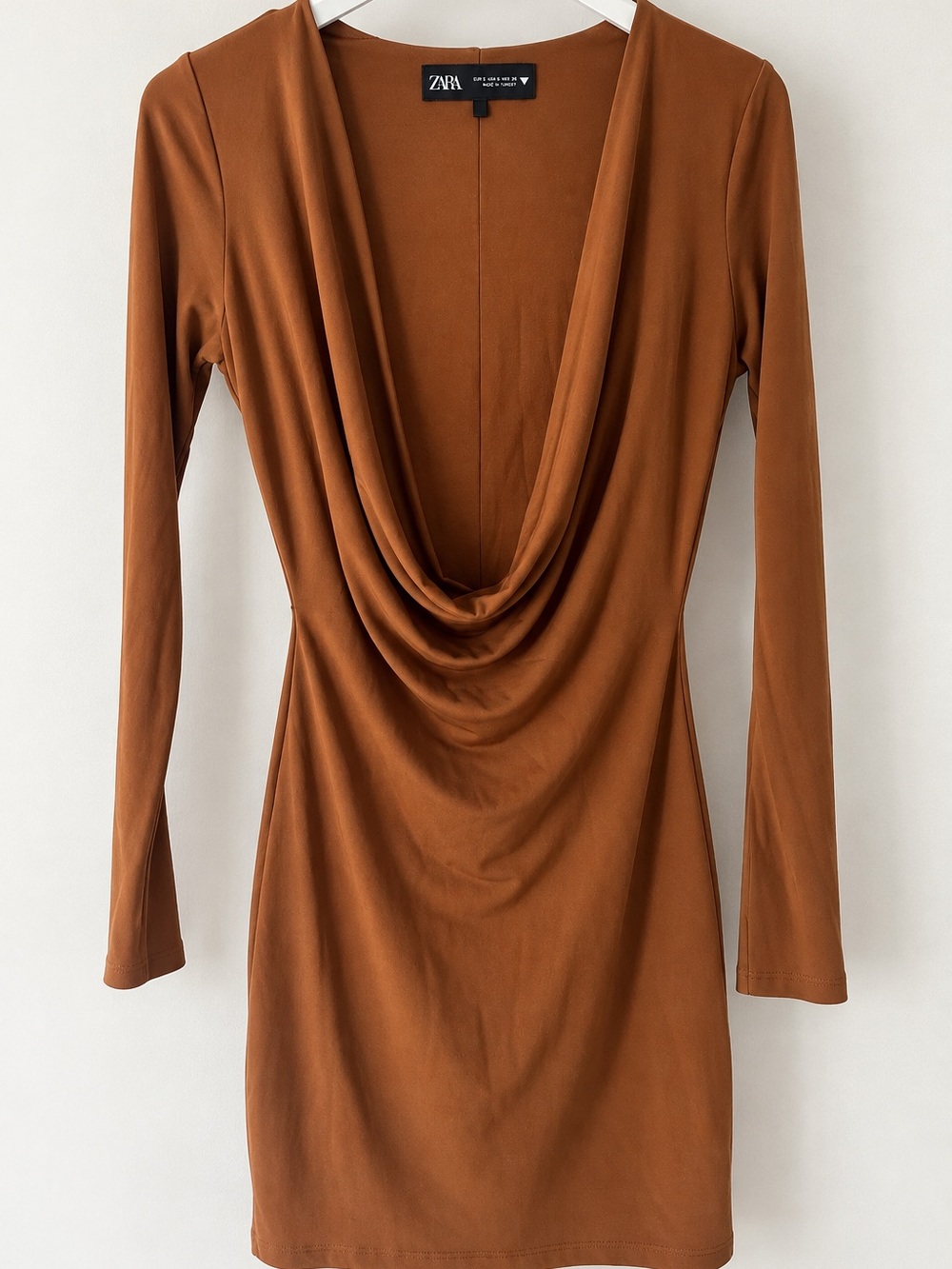 Zara Rust Brown Drape-Neck Long Sleeve Crop Top